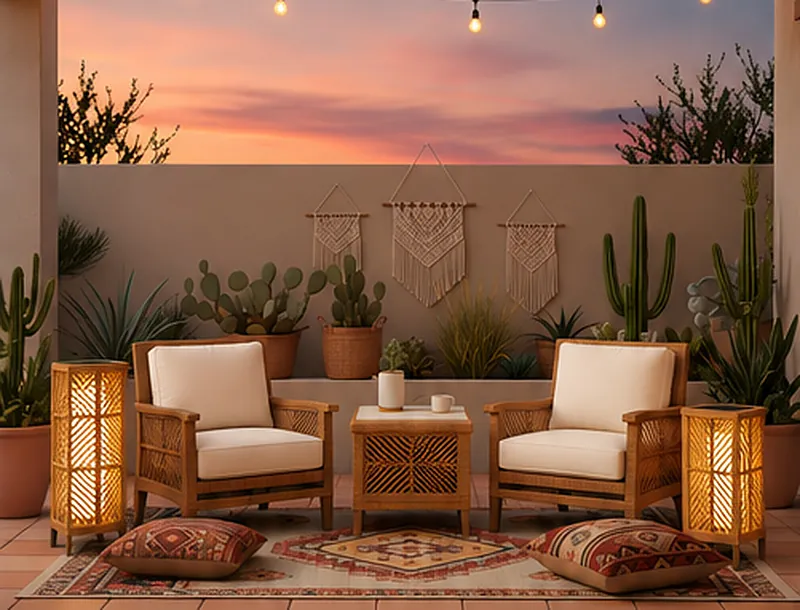 Two woven lounge chairs with lanterns on a desert terrace at sunset