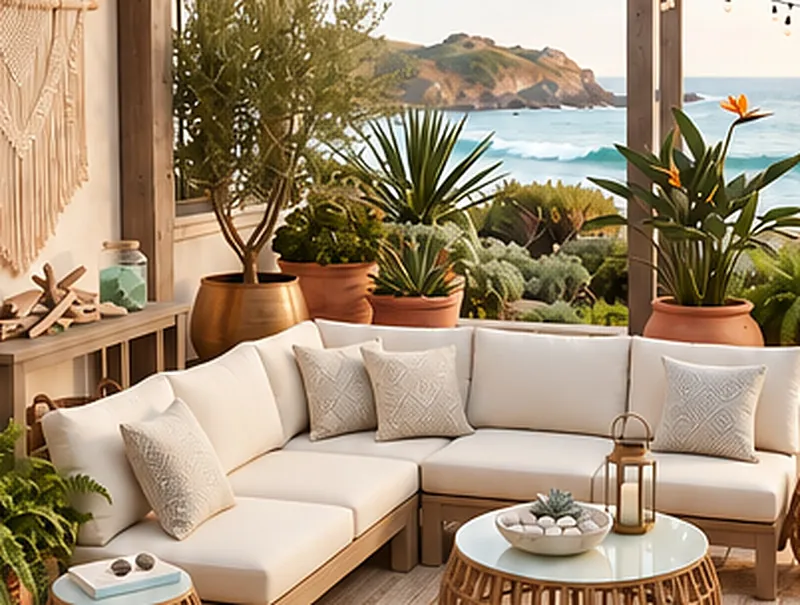 Cream sectional and woven coffee table on a coastal terrace above the sea