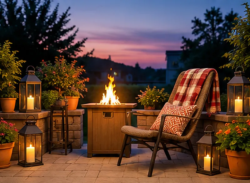 A fire pit table and lounge chair with lanterns at dusk