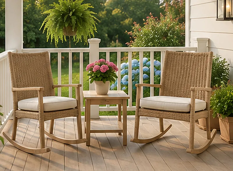 Two woven rocking chairs on a white front porch